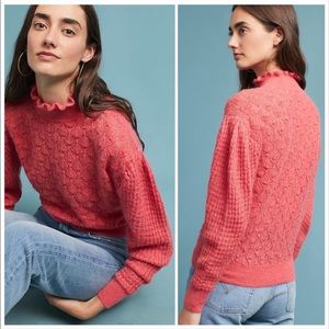 Anthropologie Coral Pink Ruffle Neck Cable Knit Turtleneck Sweater